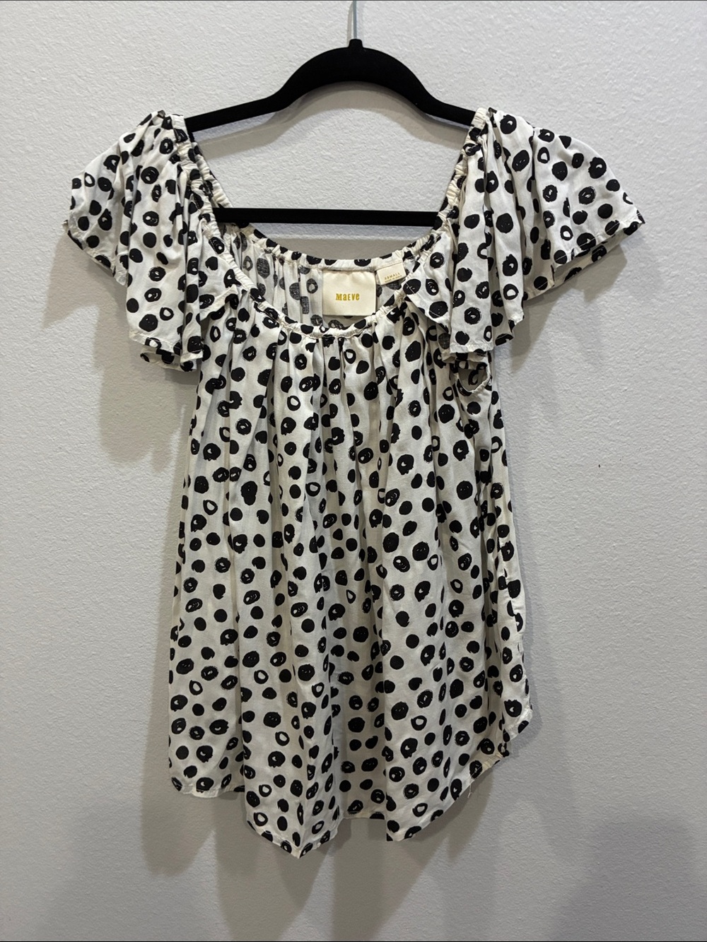 Maeve Black & Off-White Polka Dot Peasant Top
